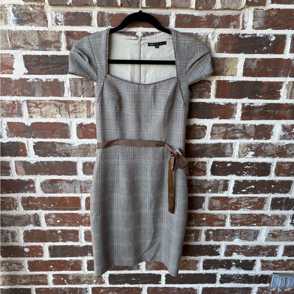 David Meister Vintage Brown Plaid Square Neck Dress Ribbon Belt Size 2
